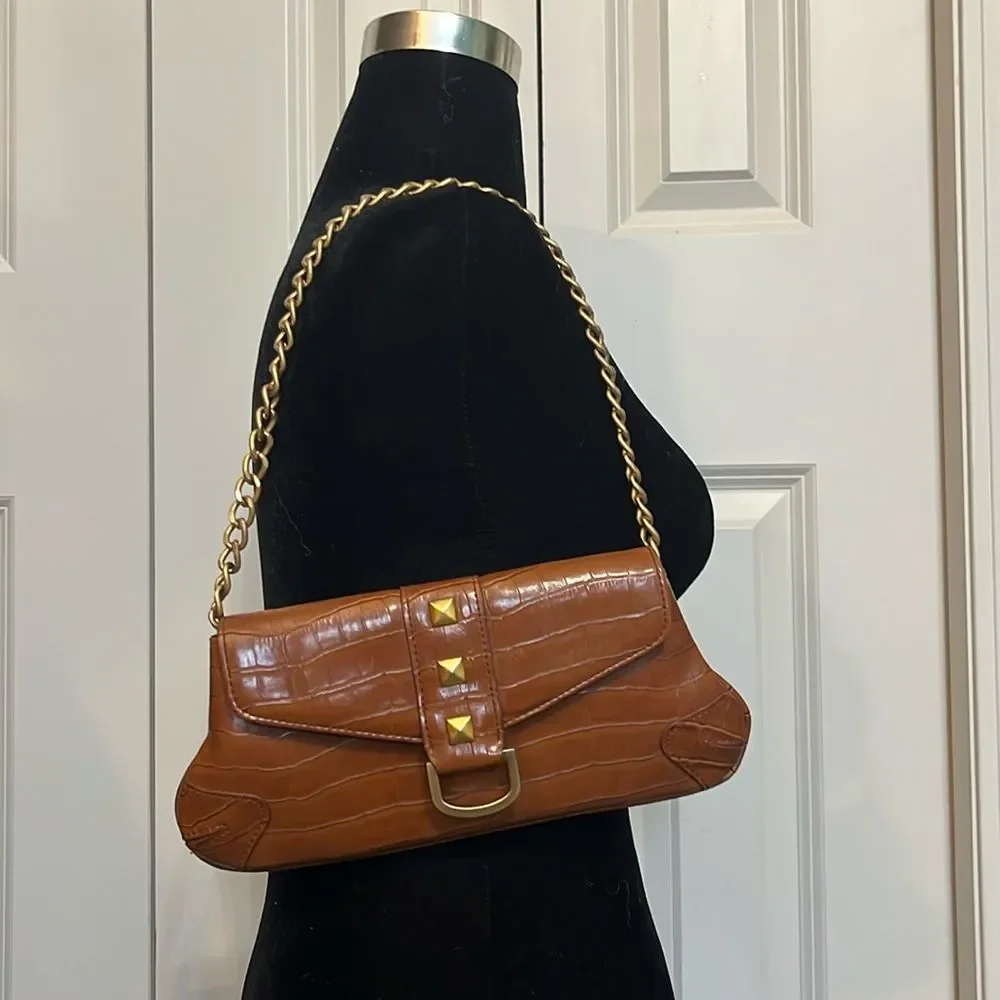 Y2K New York & Company Brown Crocodile Embossed Clutch Chain Shoulder Bag